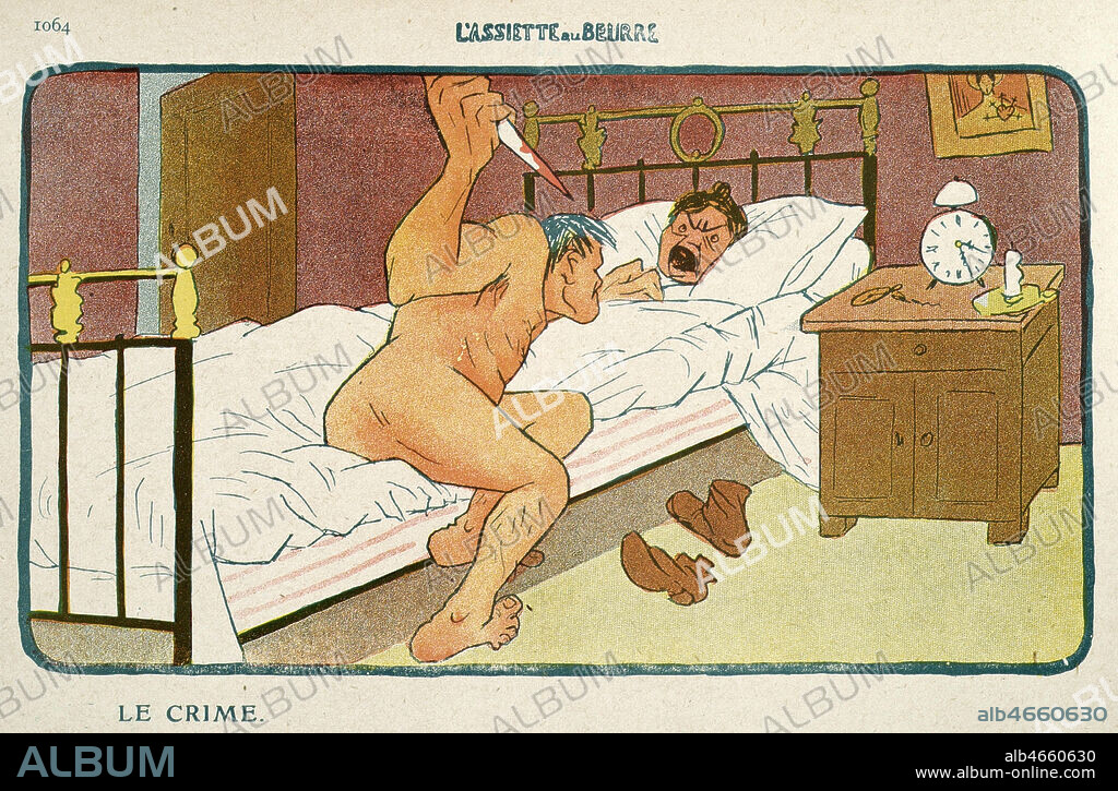 'Le crime' : un homme nu poignarde sa femme dans son lit. Caricature de MUSACHI publiee dans l'Assiette au Beurre du 3 juillet 1909 sur BERTILLON (1853-1914). Credit : Collection KHARBINE-TAPABOR.