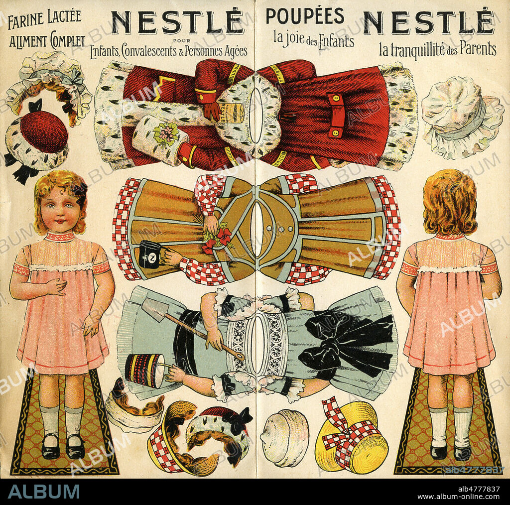 Poupee et ses habits a decouper. Carte publicitaire pour la farine lactee NESTLE, vers 1900-1910 Illustration anonyme. Credit : Collection IM/KHARBINE-TAPABOR.