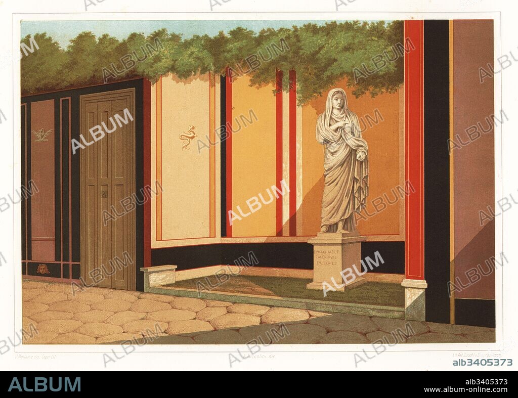 Statue of public priestess and matron of the fullers Eumachia. From the building of Eumachia on the east side of the Forum, Pompeii. Eumachiae L F Sacer Publ Fullones. Chromolithograph by D. Capri after an illustration by V. Mollame from Antonio Niccolini’s Pompeii: Views and Restorations (Pompeii: Essaies et Restaurations), published by Zucchi & De Luca, Naples, 1898. Antonio was grandson of the architect Antonio Niccolini Sr.