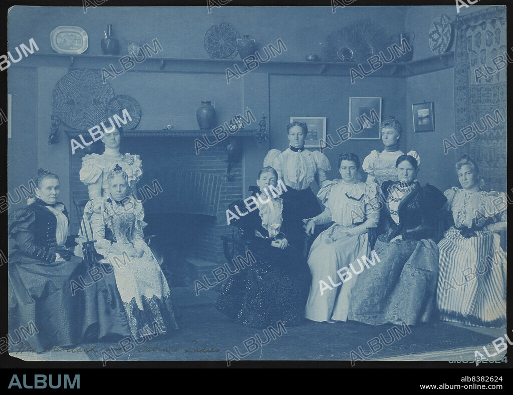 FRANCES BENJAMIN JOHNSTON. Mrs. Grover Cleveland and cabinet ladies, 1897. Photograph shows group portrait of Frances Folsom Cleveland and the wives, sister, or daughter of cabinet secretaries: Agnes Park Thomas Olney (wife of Richard Olney), Mary Jane Goodson Carlisle (wife of John G. Carlisle), Juliet Kinney Lamont (wife of Daniel S. Lamont), Olive (Olivia) Scobey Harmon (wife of Judson Harmon), Nannie Judson Huntington Wilson (wife of William Lyne Wilson), Leila Herbert (daughter of Hilary A. Herbert), Jane Perry Francis (wife of David R. Francis), and Emma Morton (sister of Julius Sterling Morton). [Frances Cleveland, wife of President Grover Cleveland, became First Lady at 21. She is the youngest wife of a sitting president. Note (Native American?) basketwork on mantelpiece].