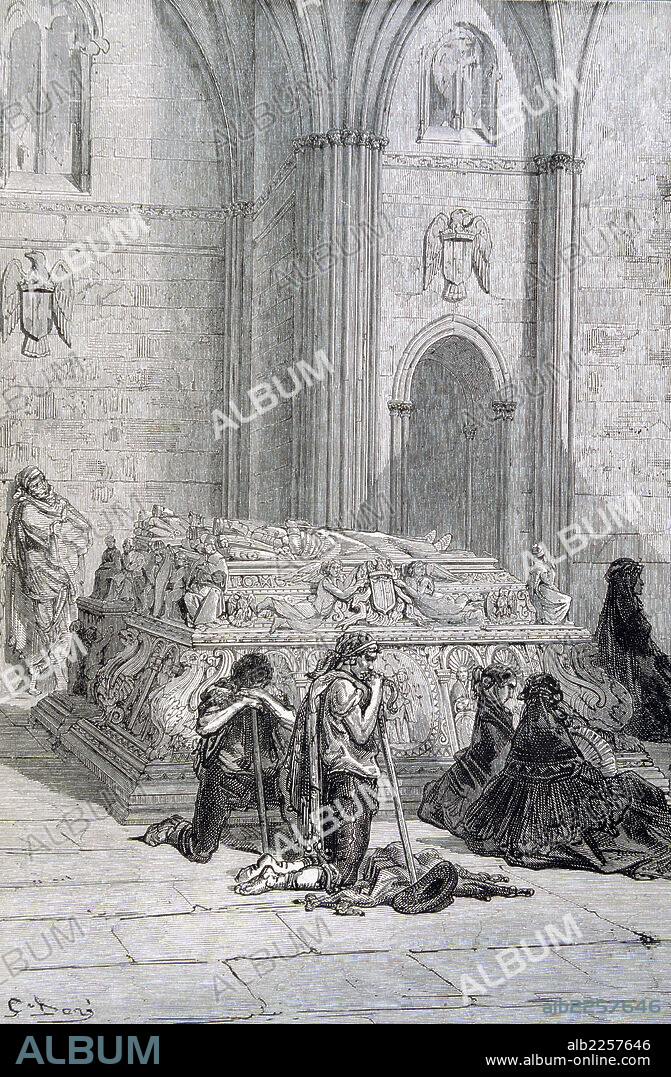 REYES CATOLICOS. ISABEL I ( 1451 - 1504) Y FERNANDO II (1452-1516). TUMBA EN LA CATEDRAL DE GRANADA. GRABADO DE GUSTAVO DORE. BIBLIOTECA NACIONAL. MADRID.