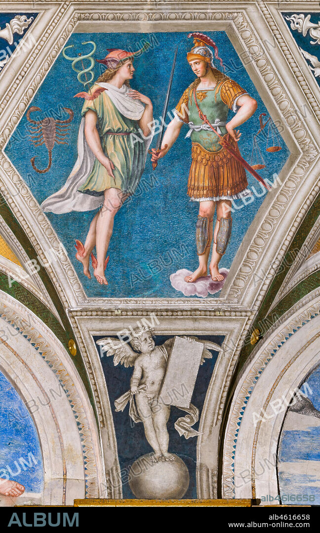 Rome, Villa Farnesina, the Loggia of Galatea, detail of the vault: "Mars and Mercury", and the astrological signs of the Libra and the Scorpio. Fresco by Baldassarre Peruzzi (1511).