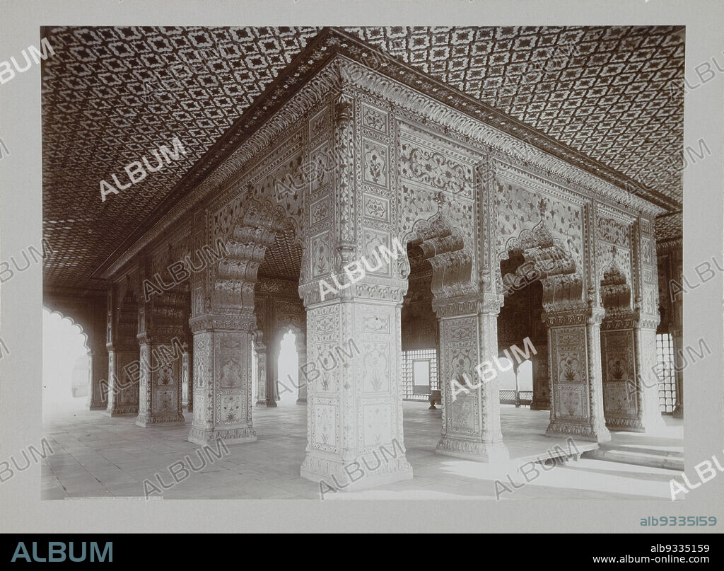 Interior view of the Hall of Private Audiences (Diwan-i-Khas), Diwan-i-Khas, Fort Delhi (?) (title on object), The Hall of Private Audiences is located within the Red Fort of Delhi., anonymous, Delhi, c. 1895 - c. 1915, paper, cardboard, height 215 mm × width 291 mmheight 244 mm × width 329 mm.