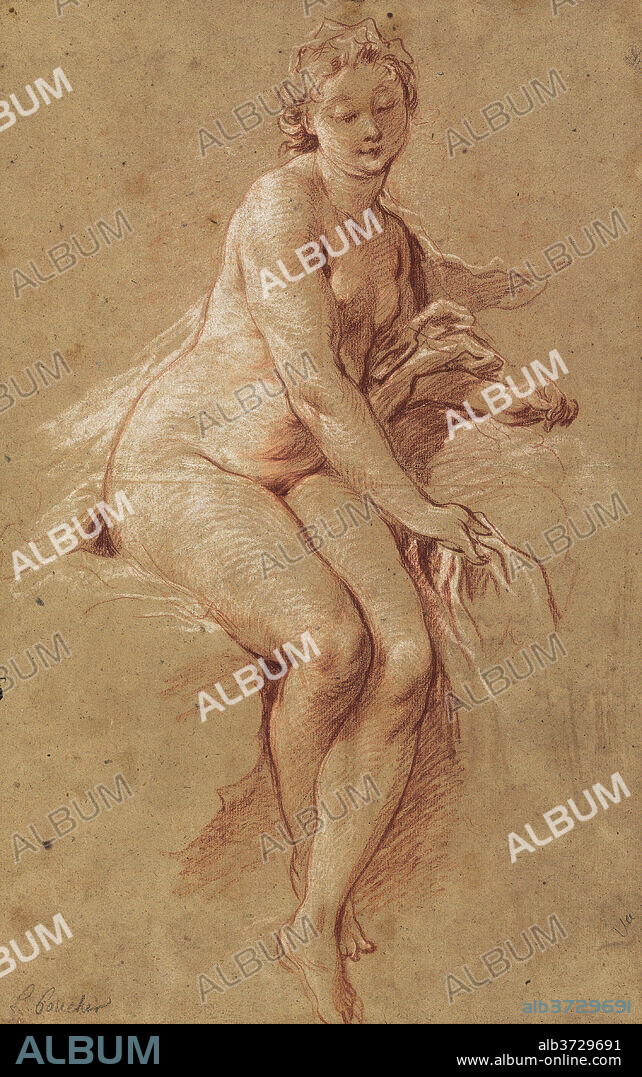 FRANCOIS BOUCHER. Aurora. Dated: c. 1733. Dimensions: overall: 37.5 x 23.5 cm (14 3/4 x 9 1/4 in.). Medium: red and white chalk on brown laid paper, with later framing line in brown ink.