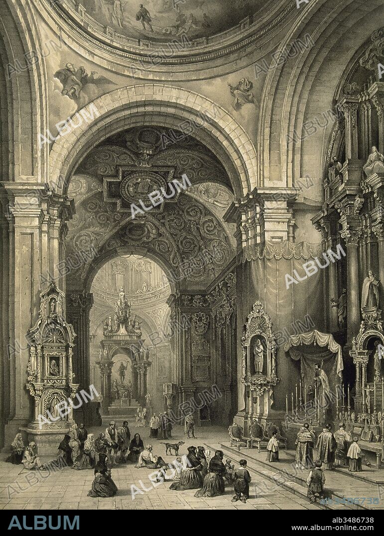 Madrid, España. Interior de la Capilla de San Isidro en la Parroquia de San Andrés. Dibujo por Genaro Pérez de Villaamil (1807-1854). Grabado, 1842. "España Artística y Monumental".
