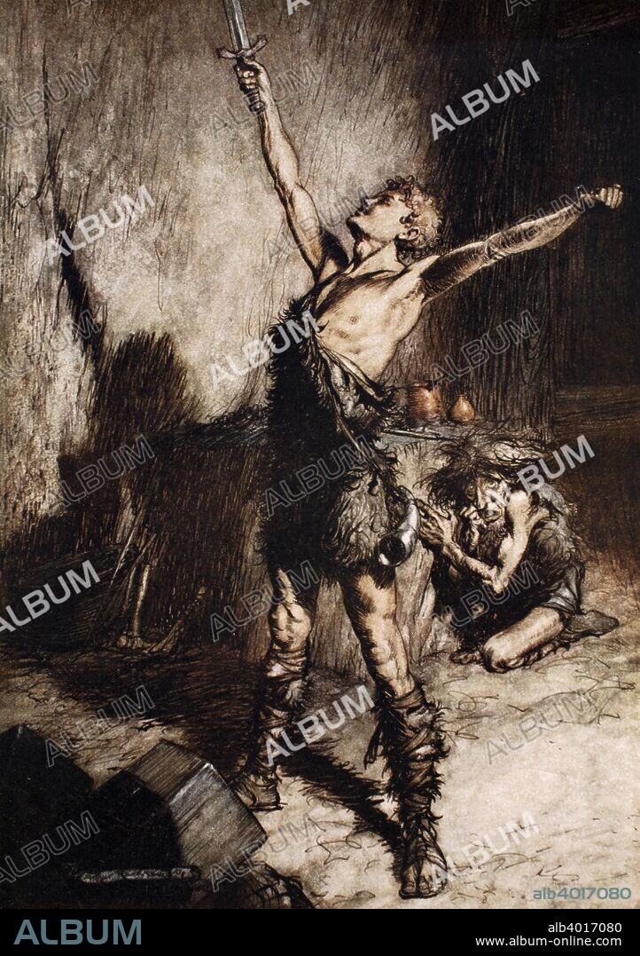 'Nothung! Nothung! Conquering sword!', 1924. Frontispiece from Siegfried and the Twilight of the Gods. Siegfried, because he has no fear, can fix the broken sword, Nothung, left to him by his mother, and thus has the forfeit of the cowering Mime's head. He holds it up triumphantly and breaks Mime's anvil. From Siegfried. From a private collection.