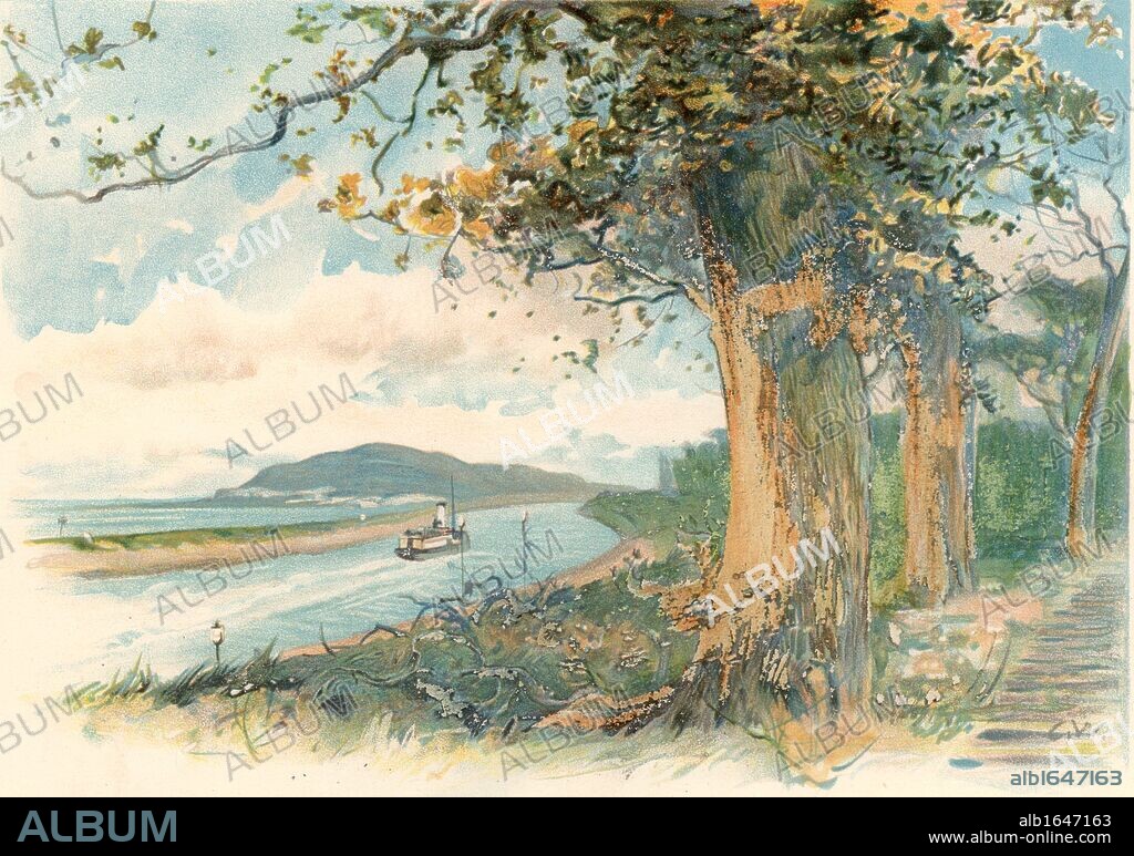 View on the Manchester Ship Canal - Mount Manisty.   Mount Manisty was created from the spoil excavated during the construction of the canal which linked Manchester, England, with the Irish Sea.  Work began in 1882 and the canal was opened on 1 January 1894.  Edward Leander Williams (1828-1910) was the English civil engineer for the project. Chromolithograph published c1895.   (Photo by: Universal History Archive/UIG via Getty Images).