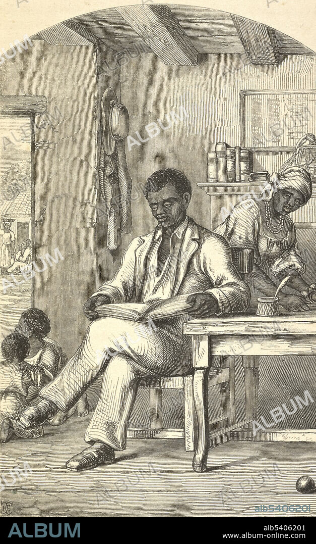 L'Ouverture reading the Abbé Raynal's work. Toussaint L'Ouverture (May 20, 1743 - April 7, 1803) was a Haitian general who transformed a slave insurgency into a movement, the Haitian Revolution. By 1800 Saint-Domingue, the most prosperous French slave colony of the time, had become the first free colonial society to have rejected race as the basis of social ranking. L'Ouverture created a de facto autonomous colony and the constitution proclaimed him governor for life. In 1802 he was forced to resign by forces sent by Napoleon to restore French authority in the former colony. He was deported to France, where he died in 1803. No artist credited, undated (cropped and cleaned).