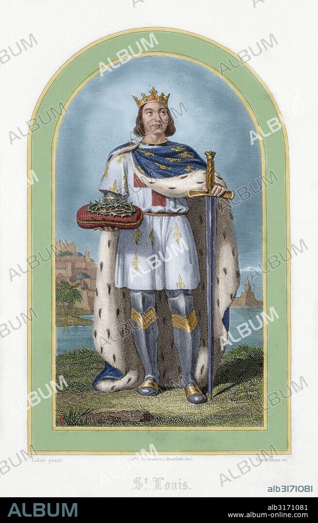 LUIS IX o SAN LUIS (Poissy, 1214-Túnez, 1270). Rey de Francia (1226-1270). Hijo y sucesor de Luis VIII. Grabado del siglo XIX. Coloreado.