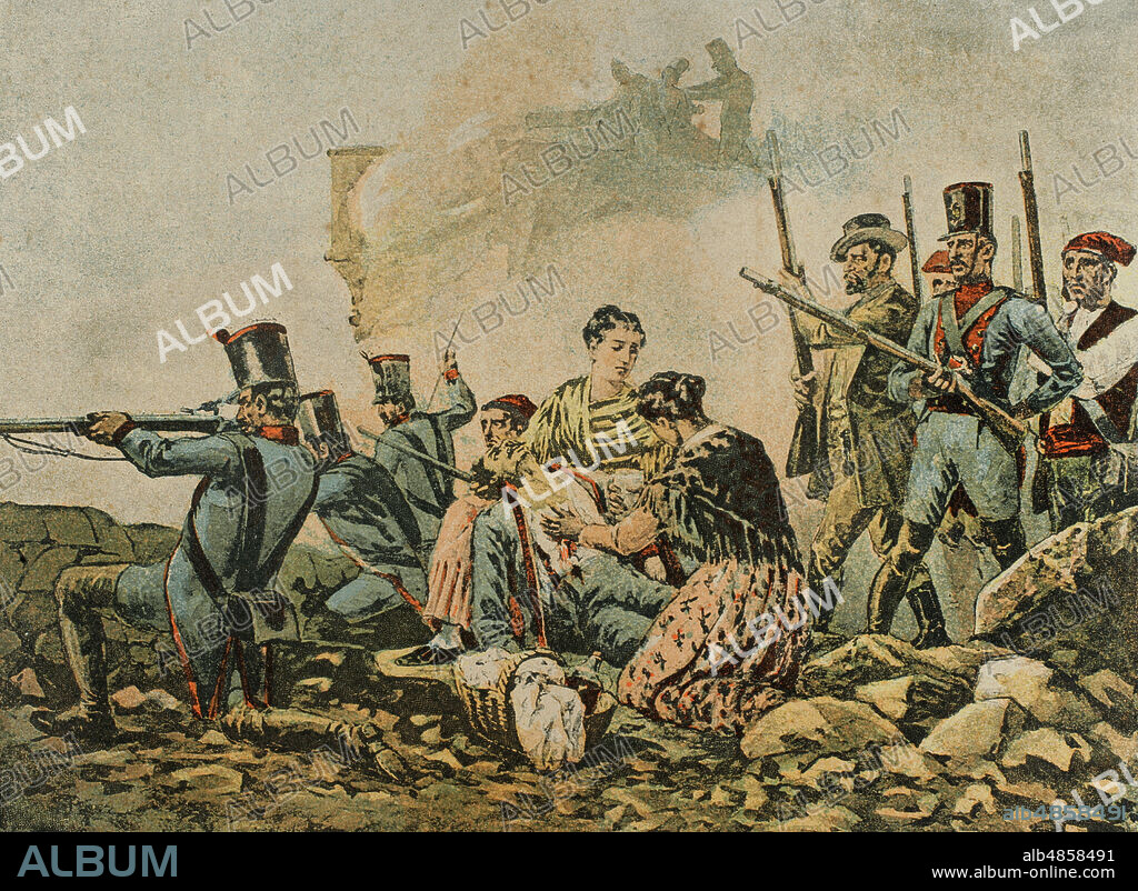 Guerra de la Independencia Española (1808-1814). Tercer sitio de Gerona (6 de mayo al 12 de diciembre de 1809). La ciudad se mantuvo asediada durante siete meses bajo el mando del general Alvarez de Castro. El 12 de diciembre de 1809 capituló. El 19 de septiembre en Gerona. Cromolitografía. El grito de independencia, por Carlos Mendoza. Publicado en Barcelona, 1890.