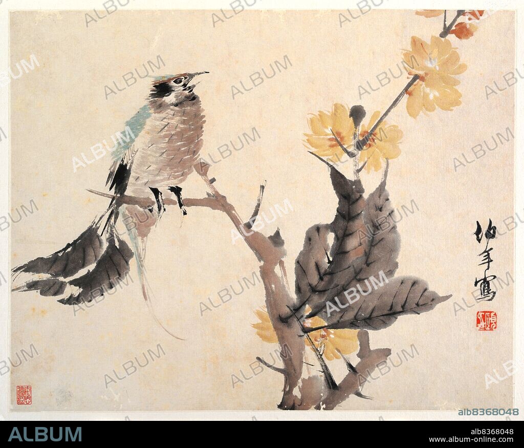 China: 'Animals, Flowers and Birds'. Album of eight leaves by Ren Yi (1840 - 1896), ink and colour on paper, 19th century.<br/><br/>. Ren Yi (1840 - 1896), also known as Ren Bonian, was a Chinese painter born in Zhejiang during the Qing Dynasty (1644 - 1911). He moved to Shanghai in 1855 after the death of his father, which exposed him to Western thinking within a more urban environment. He became a member of the Shanghai School, fusing popular and traditional styles. He is sometimes referred to as one of the 'Four Rens'.