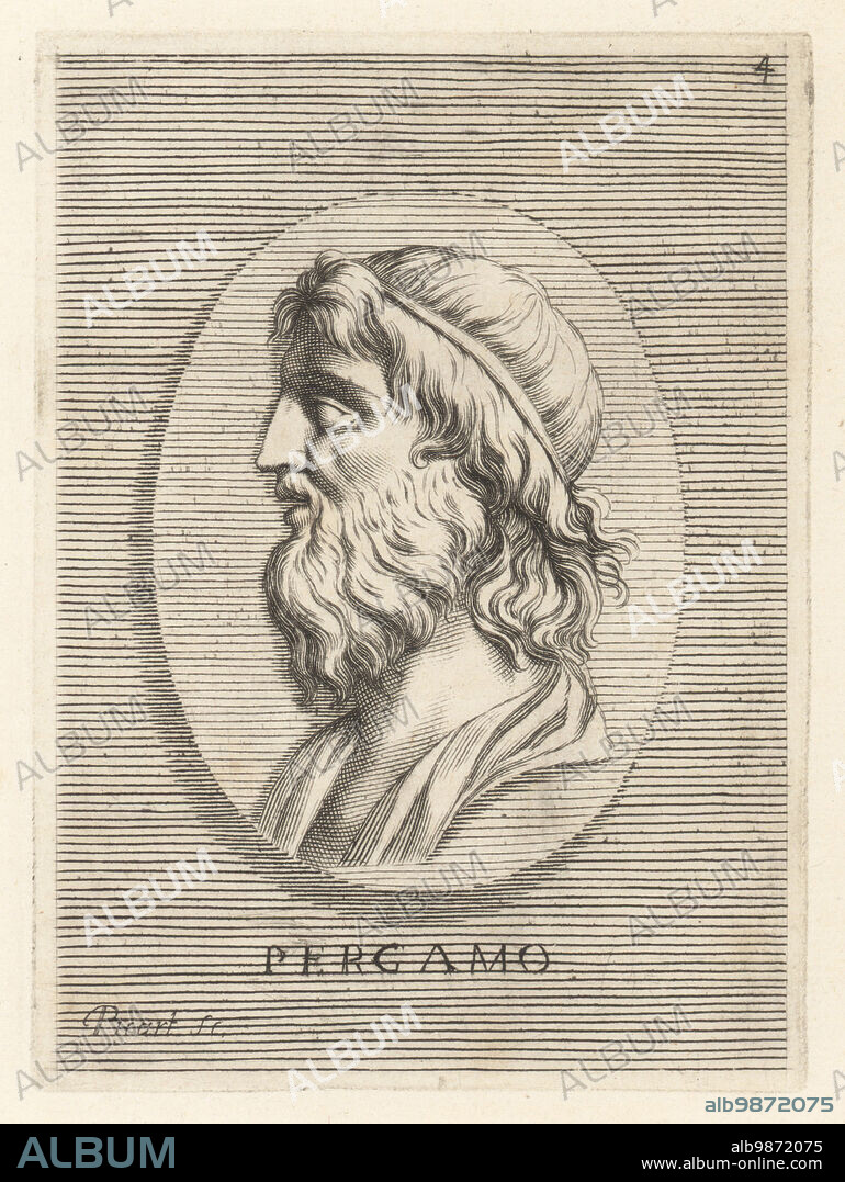 Pergamus, son of the warrior Neoptolemus and Andromache, mythical founder of the city of Pergamum. Depicted as an adult with long beard in an oval carnelian gem. Also identified as Hyacinthus, but the hair is not in the Laconian style. Pergamo. Copperplate engraving by Etienne Picart after Giovanni Angelo Canini from Iconografia, cioe disegni d'imagini de famosissimi monarchi, regi, filososi, poeti ed oratori dell' Antichita, Drawings of images of famous monarchs, kings, philosophers, poets and orators of Antiquity, Ignatio deLazari, Rome, 1699.