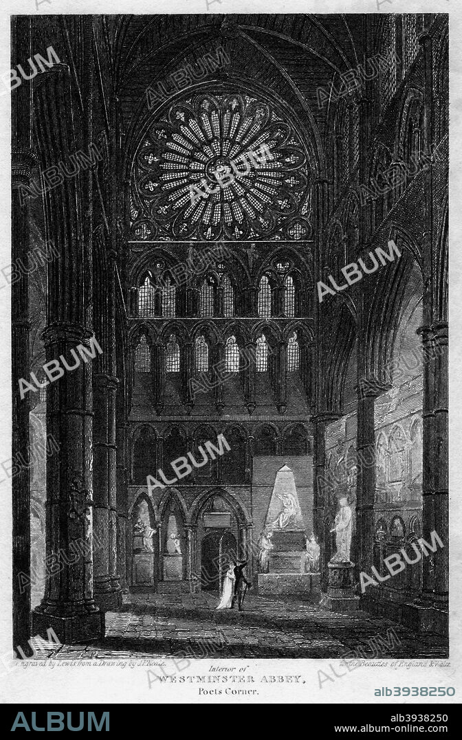 Poets' Corner, Westminster Abbey, London, 1815. Poets' Corner is an area in the south transept of Westminster Abbey where a number of notable British literary figures are buried. The first to be buried was Geoffrey Chaucer who, as well as being a writer, was employed as Master of the King's Works and had apartments in the Abbey.
