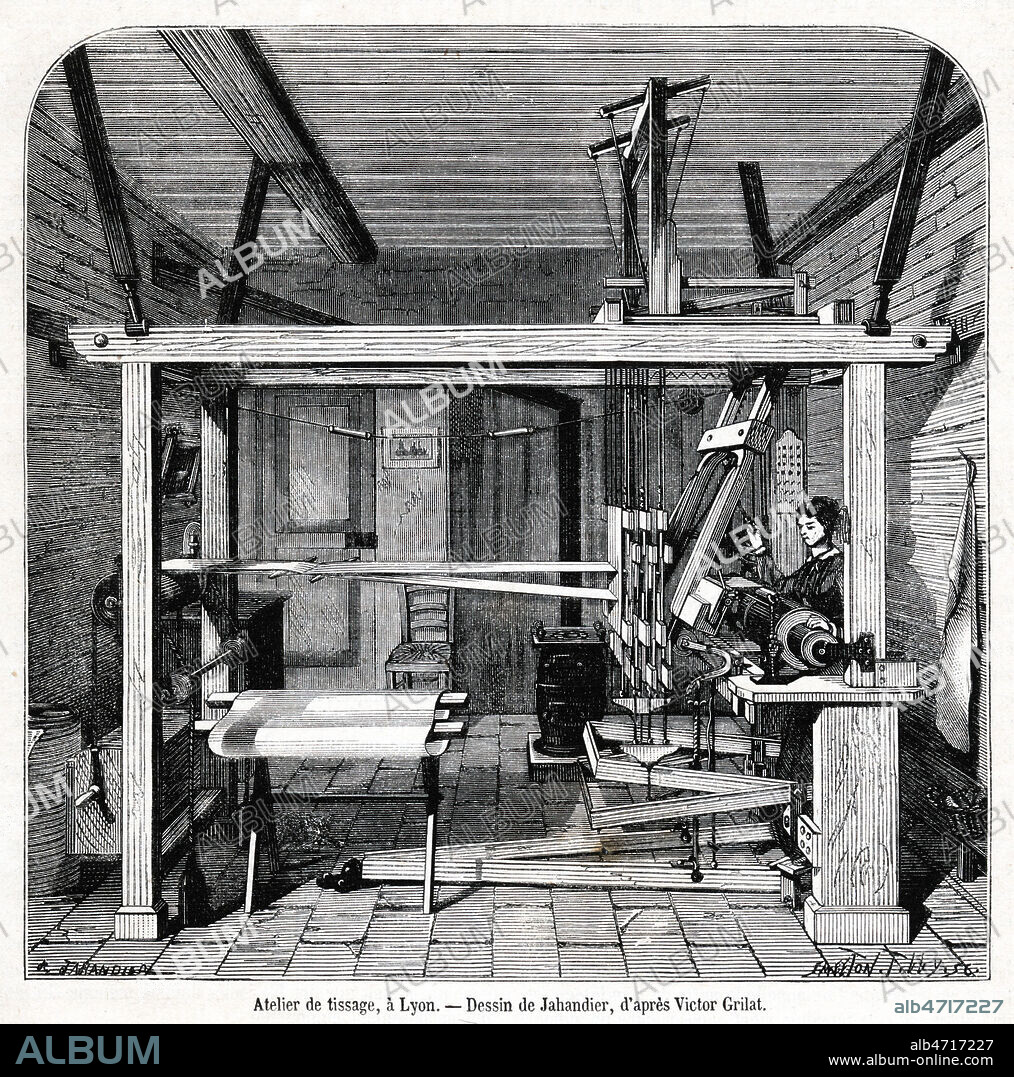 Atelier de tissage de la soie a Lyon. Illustration de JAHANDIER pour le Magasin Pittoresque de janvier 1875. Credit : Collection KHARBINE-TAPABOR.
