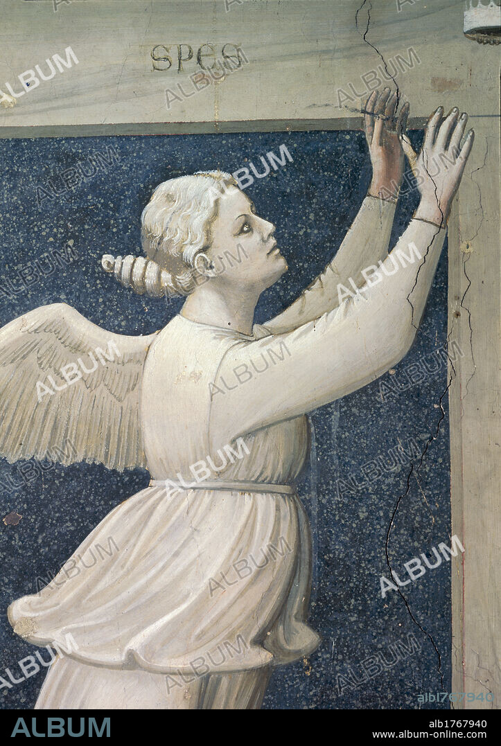 Allegories of Virtues and Vices, by Giotto, 1306 about, 14th Century, fresco, cm 120 x 60. Italy, Veneto, Padua, Scrovegni Chapel. Detail. Allegory Hope SPES winged angel dress tunic monochrome drapery inscription corbel console half length figure crown gray white black brown.