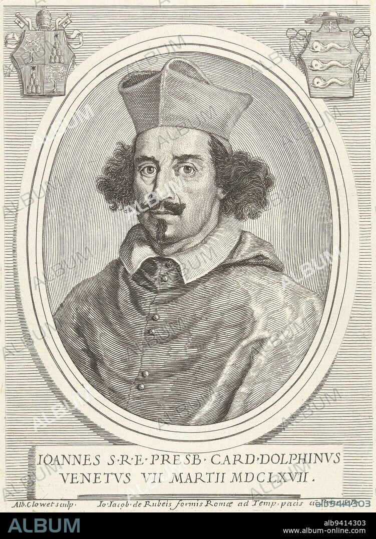 Portrait in oval frame of Cardinal Giovanni Delfino Bust to the left Top left the coat of arms of Pope Alexander VII, top right the coat of arms of Cardinal Giovanni Delfino The print has a Latin caption with details of the person portrayed, Portrait of Cardinal Giovanni Delfino Portraits of Cardinals Effigies cardinalium nunc viventium , print maker: Albertus Clouwet, (mentioned on object), Albertus Clouwet, publisher: Giovanni Giacomo de'Rossi, (mentioned on object), Rome, 1667 - 1679, paper, engraving, h 191 mm × w 141 mm.