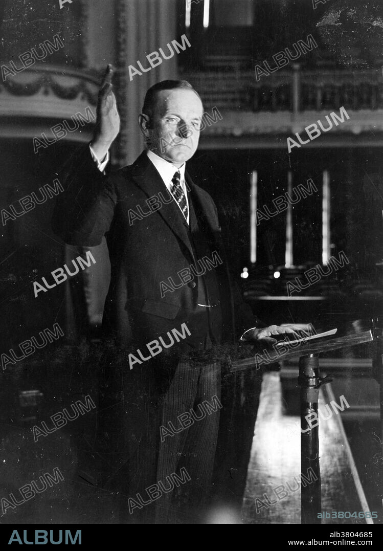 President Coolidge making his speech of acceptance, 1924. John Calvin Coolidge, Jr. (July 4, 1872 - January 5, 1933) was the 30th President of the US (1923-29). A Republican lawyer from Vermont, Coolidge worked his way up the ladder of Massachusetts state politics, and eventually became governor. He was elected as the 29th Vice President in 1920 and succeeded to the Presidency upon the sudden death of Harding in 1923. Elected in his own right in 1924, he gained a reputation as a small-government conservative, and as a man who said very little. Coolidge restored public confidence in the White House after the scandals of his predecessor's administration, and left office with considerable popularity. His reputation underwent a renaissance during the Ronald Reagan administration, but the ultimate assessment of his presidency is still divided between those who approve of his reduction of the size of government programs and those who believe the federal government should be more involved in regulating and controlling the economy. He died suddenly from coronary thrombosis in 1933 at the age of 60. Shortly before his death, Coolidge confided to an old friend: "I feel I no longer fit in with these times." National Photo Company Collection.