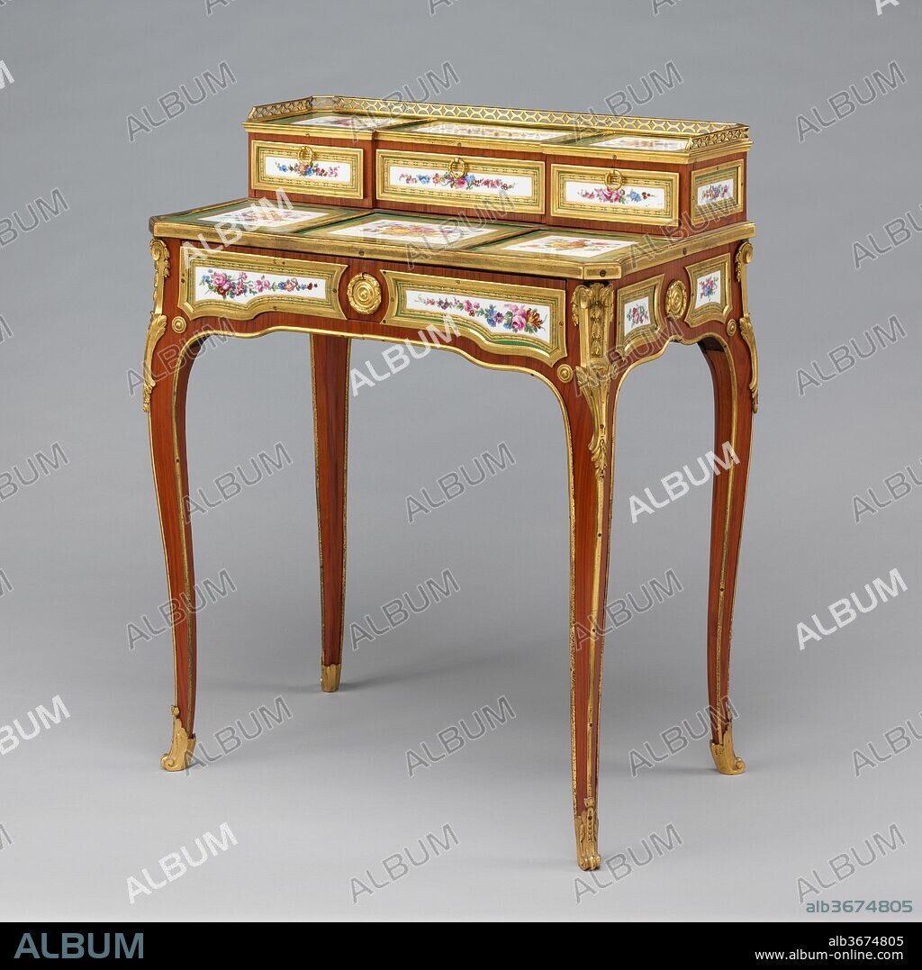 Desk (bonheur du jour). Culture: French, Sèvres. Decorator: Plaques decorated by Jean-Jacques Pierre the Younger (French, active 1763-1800); and Guillaume Noël (French, active 1755-1807); and Denis Levé (French, active 1754-93, 1795-1805). Dimensions: Overall: 32 1/4 × 26 1/4 × 15 3/4 in. (81.9 × 66.7 × 40 cm). Factory: Porcelain plaques by Sèvres Manufactory (French, 1740-present). Maker: Attributed to Martin Carlin (French, near Freiburg im Breisgau ca. 1730-1785 Paris). Date: ca. 1769.