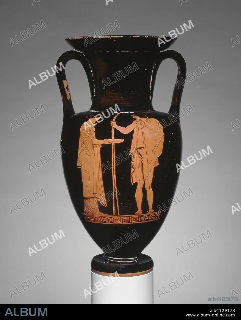 ANCIENT GREEK. Amphora (Storage Jar). Greek; Athens; Attributed to the Sabouroff Painter. Date: 455 BC-445 BC. Dimensions: 33.3 × 17 × 16.8 cm (13 1/8 × 6 3/4 × 6 5/8 in.). Terra-cotta, decorated in the red-figure technique. Origin: Nola.