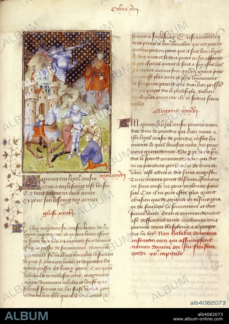 CHRISTINE DE PISAN y MASTER OF THE CITE DES DAMES. Memnon and Achilles. Collected Works of Christine de Pisan. France (Paris); 1410-1411. (Whole folio) Memnon prepares to fight Achilles; in the background, Achilles kills Hector. From L'EpÃ®tre d'OthÃ©a.  Image taken from Collected Works of Christine de Pisan.  Originally published/produced in France (Paris); 1410-1411. . Source: Harley 4431, f.112. Language: French.