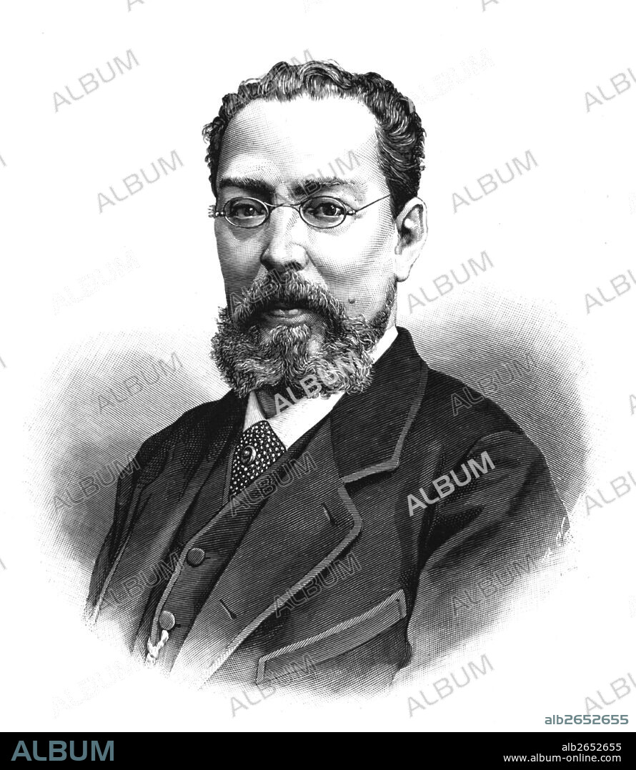 Manuel Tamayo Baus (1829-1898), dramaturgo castellano. Grabado de 1898.