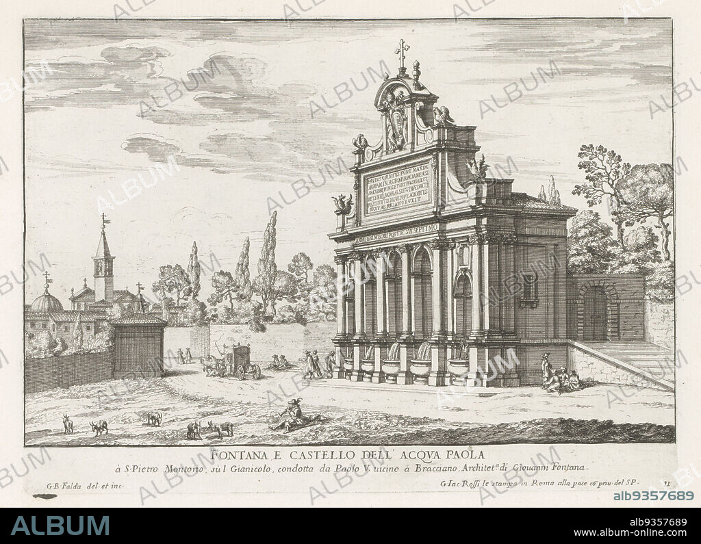 Fontana dell'Acqua Paola at Rome, Fontana e castello dell'Acqua Paola (title on object), Fontane di Roma (series title), Fountains of Rome (series title), Numbered lower right: 11. The print is part of an album., print maker: Giovanni Battista Falda (mentioned on object), Giovanni Battista Falda (mentioned on object), print maker: Italy, Italy, publisher: Rome, Vaticaanstad, 1653 - 1691, paper, etching, height 209 mm × width 289 mm.