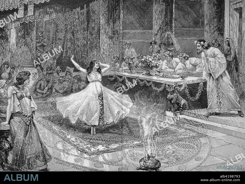 Salome dances infront of Herodes, Salome I, ca 65 BCE - ca. 10 CE, was the sister of Herod the Great, scene from the tragedy Johannes by Hermann Sudermann, Digital improved reproduction of an original woodprint from the 19th century.