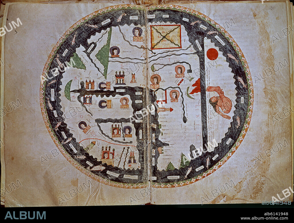 BEATO DE LIÉBANA. COMENTARIOS AL APOCALIPSIS - MAPAMUNDI - 1086 -CODICE 1 - F 34V-35 - SIGLO XI.