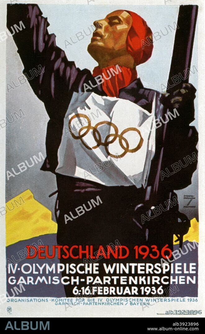 LUDWIG HOHLWEIN. Poster for the 1936 Winter Olympic Games in Garmisch-Partenkirchen, Germany, 1936. A print from Olympia 1936, Die Olympischen Spiele 1936, Volume I, Cigaretten-Bilderdienst, Hamburg, 1936.