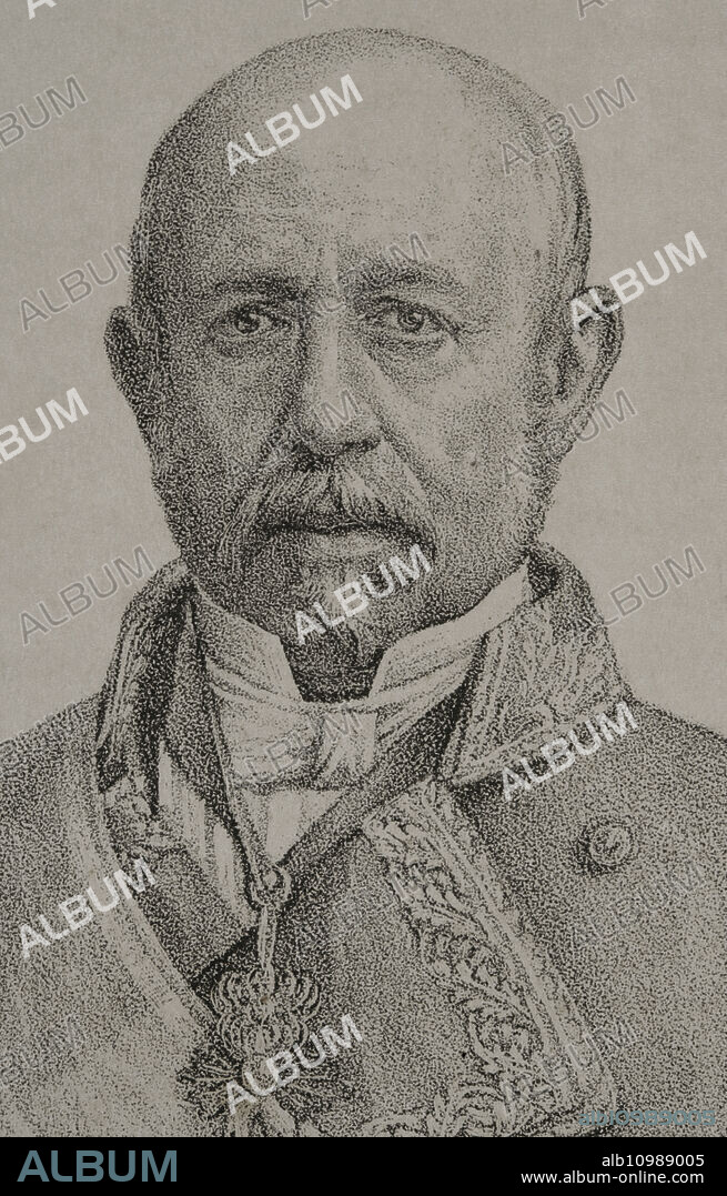 JOSÉ CUEVAS (1844-CA. 1929-1930). SPANISH ARTIST.. Ramón María Narváez (1799-1868). 1st Duke of Valencia. Spanish general and politician. Leader of the Moderate Party during the reign of Isabella II. Prime minister of Spain on seven occasions between 1844 and 1868. Portrait. Drawing by José Cuevas. Lithography. Detail. "Historia de la Guerra Civil y de los Partidos Liberal y Carlista" (History of the Civil War and the Liberal and Carlist parties). Volume V. 1869.