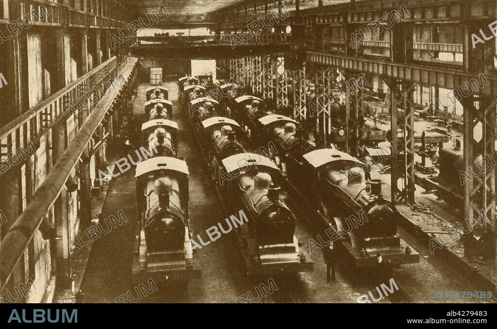 WILLIAM GEORGE ARMSTRONG. 'Locomotives Ready for Shipment Overseas', c1930. From "The Wonder Book of Engineering Wonders", edited by Harry Golding. [Ward, Lock & Co., Limited, London and Melbourne].