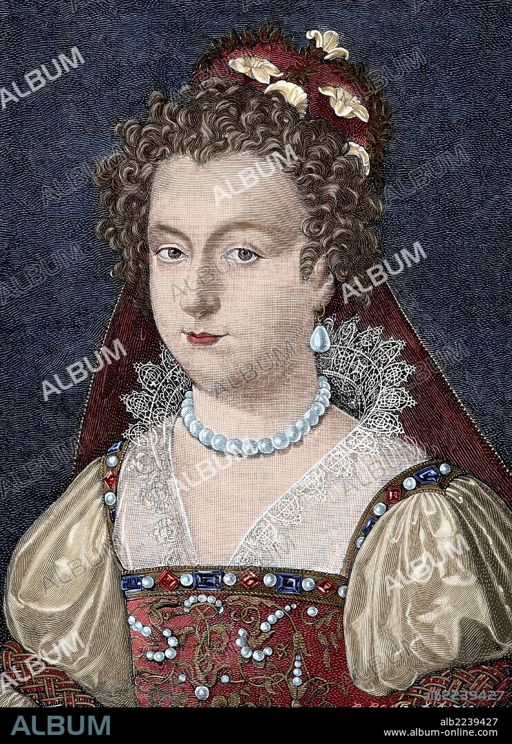 ISABEL DE YORK (1466). Primogénita de los diez hijos de Eduardo IV de Inglaterra y de Isabel Woodville. Se casó con el rey Enrique VII y fruto de esa unión nació el que sería Enrique VIII de Inglaterra. Grabado por R. Bong. "Historia Universal", año 1885. Coloreado.