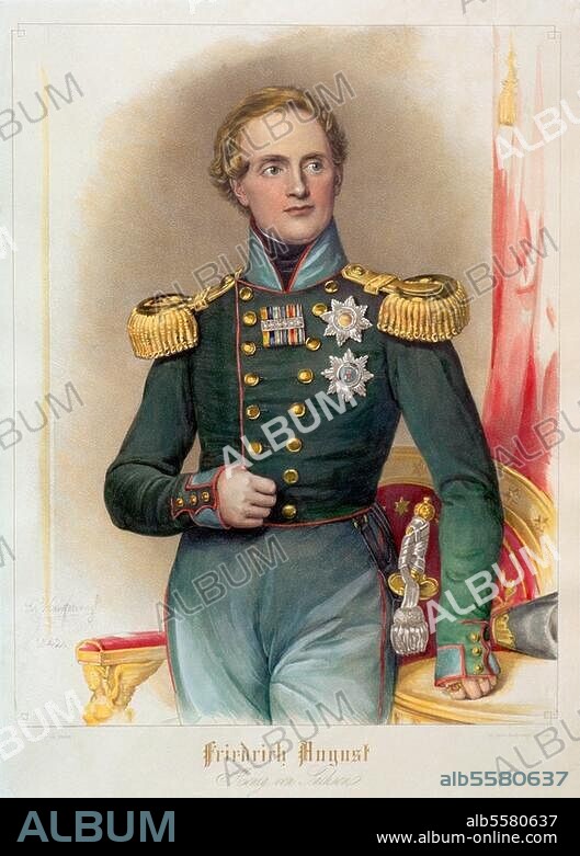 Friedrich August II., König von Sachsen. (1836-54); Dresden 18.5.1797 - (verunglückt) Brennbüchel in Tirol 9.8.1854. Porträt. Lithographie, koloriert, von Franz Seraph Hanfstaengl (1804-1877) nach Joseph Stieler (1781-1858). 37,8 × 34,6 cm.