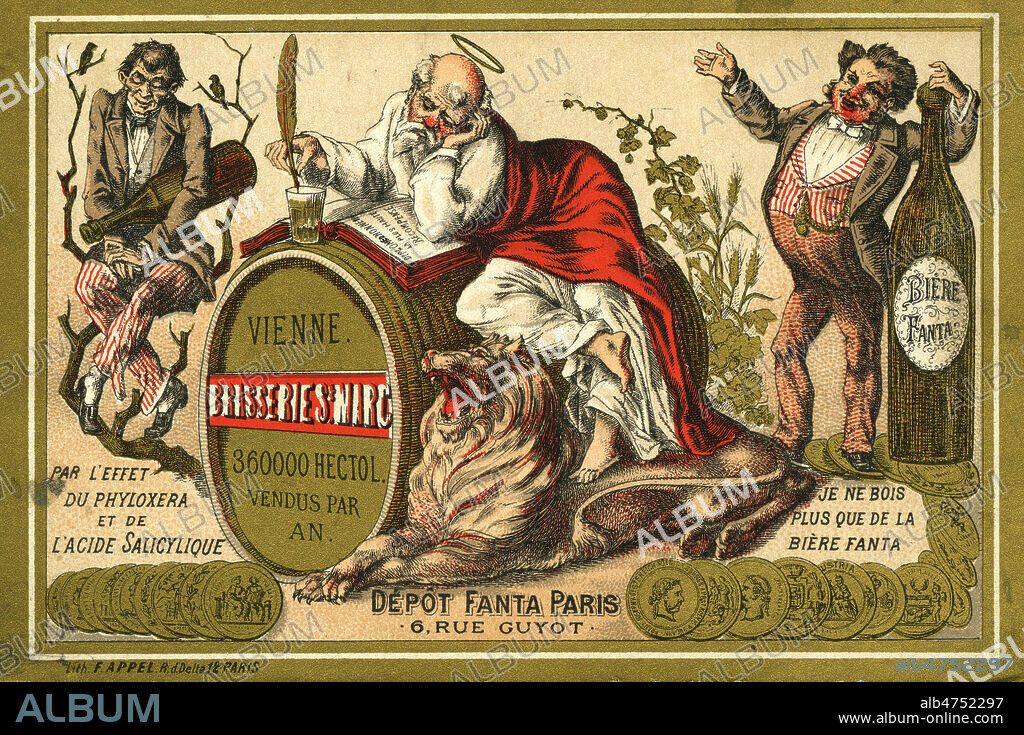 'Je ne bois plus que de la biere Fanta'. Chromo publicitaire vers 1890 pour la brasserie St Marc (le saint est represente a cote du lion, son symbole). Illustration anonyme. Credit : Collection IM/KHARBINE-TAPABOR.