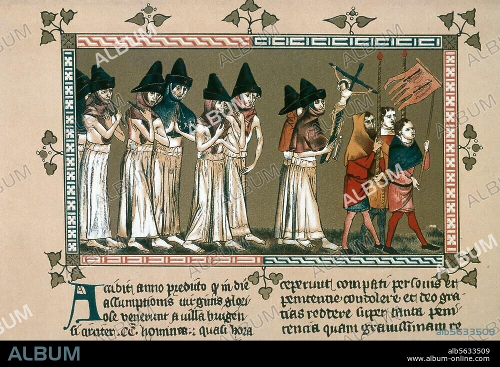 ANONYMOUS. Plague Epidemic 1349 / Formation of the Flagellants. The Flagellants of Doornik (Netherlands), 1349. Coloured book miniature from the Chronicle of Aegidius (Gilles) Li Muisis, abbot of Tournai (benedictine) d. 1353. Brussels, Bibliothèque Royale.