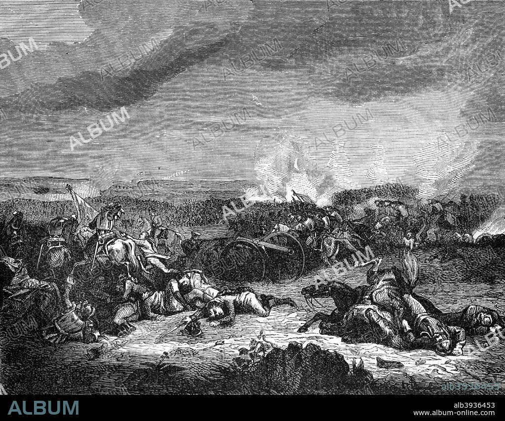 Battle of Champaubert, France, 10th February 1814 (1882-1884). Fought at Champaubert to the east of Paris, the battle was the opening engagement of the Six Days Campaign, part of the War of the Sixth Coalition. The outcome was a victory for Napoleon and the French over a combined Russian and Prussian army. A print from La France et les Français à Travers les Siècles, Volume IV, F Roy editor, A Challamel, Saint-Antoine, 1882-1884.