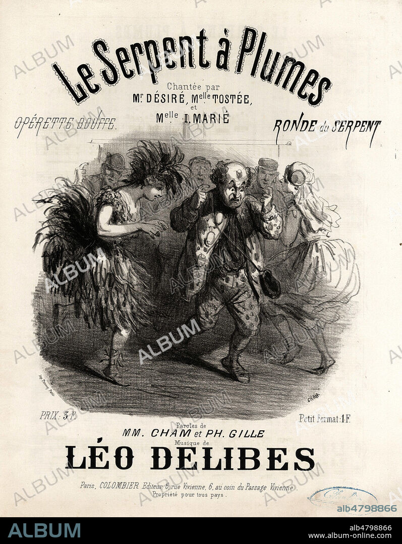 'Le serpent a plumes', par Leo Delibes (1836-1891). Couverture de partition vers 1870. Illustration par CHAM (1819-1879). Credit : Collection IM/KHARBINE-TAPABOR.