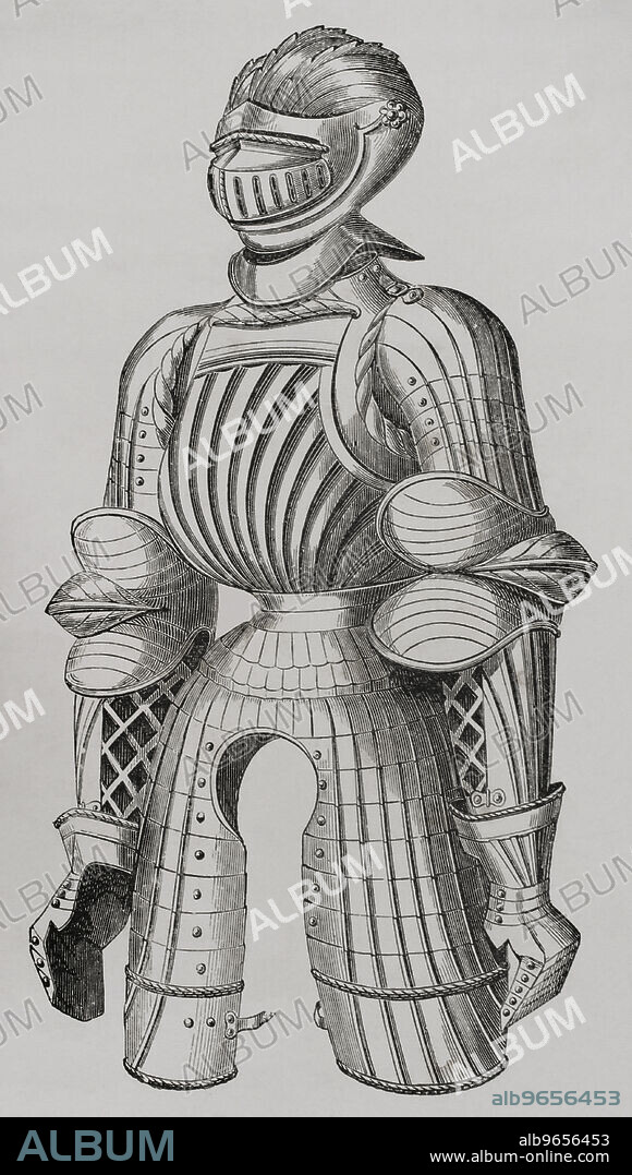 15th century rounded armour, called Maximilian armour. Engraving. "Les Arts au Moyen Age et a l'Epoque de la Renaissance", by Paul Lacroix. Paris, 1877.