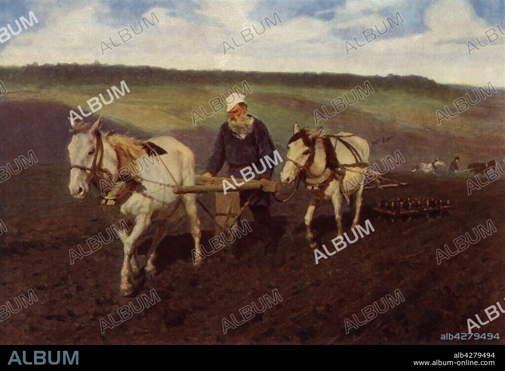 IL'YA REPIN. 'The Ploughman (Leo Nikolayevich Tolstoy at the Plough)', 1887, (1965). Portrait of Russian author Leo Tolstoy (1828-1910) as a ploughman. Painting in the State Tretyakov Gallery, Moscow. From "Russian Painting of the 18th and 19th Centuries" by Vladimir Fiala. [Artia, Czechoslovakia, 1965].