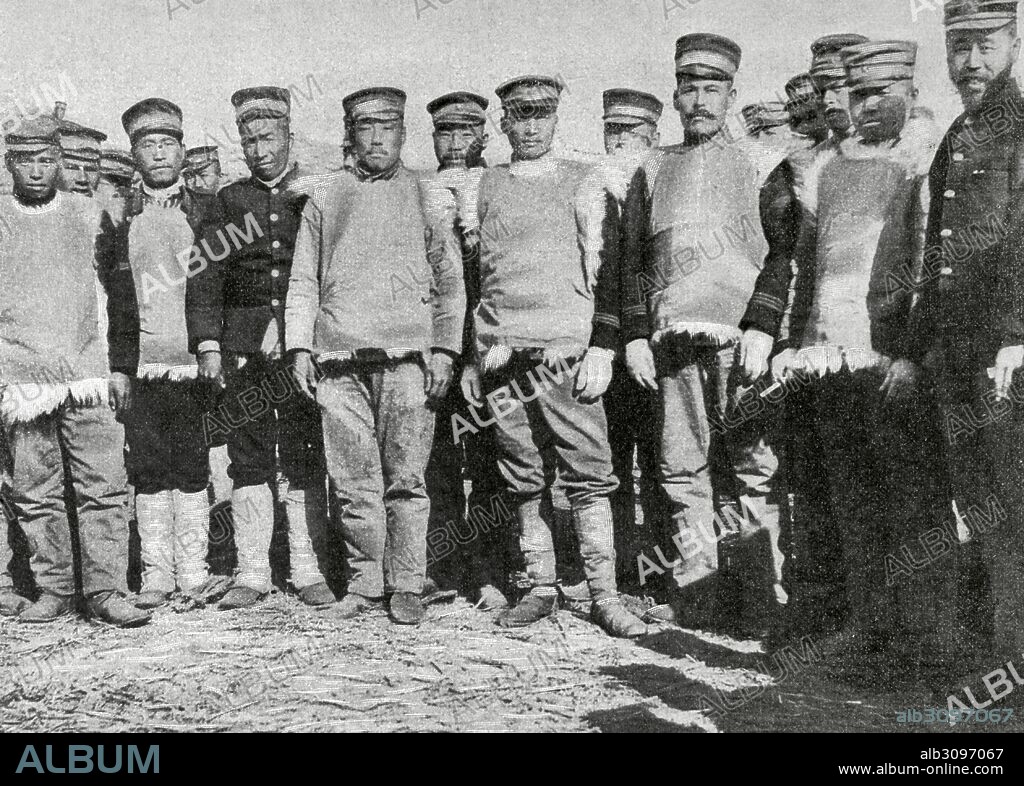 Russo-Japanese War (1904-1905). Japan went to war with Russia in order to ensure the interests in Korea and South Manchuria. Japanese soldiers of the Cha Ho's army with their winter outfits. Photography of the Collier's Weekly. The Artistic Illustration.