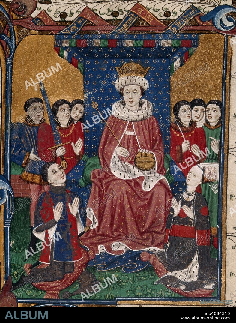 A king enthroned surrounded by courtiers with Sir William Herbert and his wife, Anne Devereux wearing clothes decorated with their coats of arms, kneeling before him (book 1).  . John Lydgate, Troy Book. c 1457-1460. Source: Royal 18 D. II f.6.