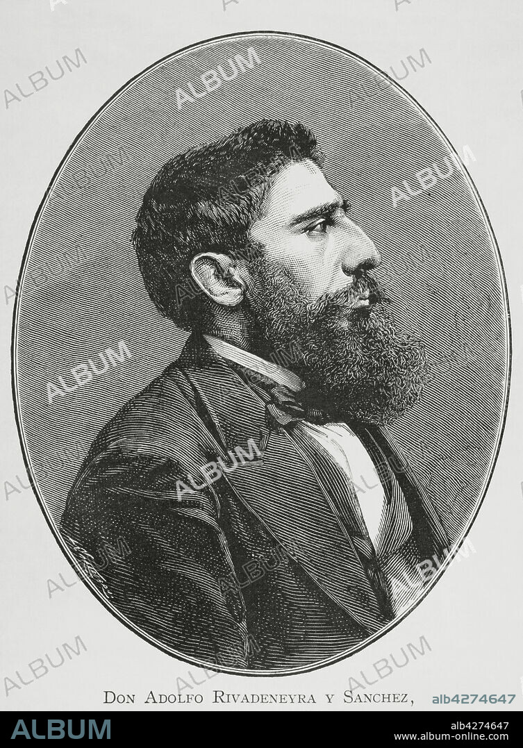 ARTURO CARRETERO (CA.1852-1903). SPANISH ENGRAVER.. Adolfo Rivadeneyra y Sanchez (1841-1882). Spanish diplomat, archaeologist, orientalist, writer and traveler. First Spaniard to make a journey to ancient Persia. Author of "Viaje al interior de Persia" ("Journey to the interior of Persia". Portrait. Engraving by Carretero. La Ilustración Española y Americana, 1882.