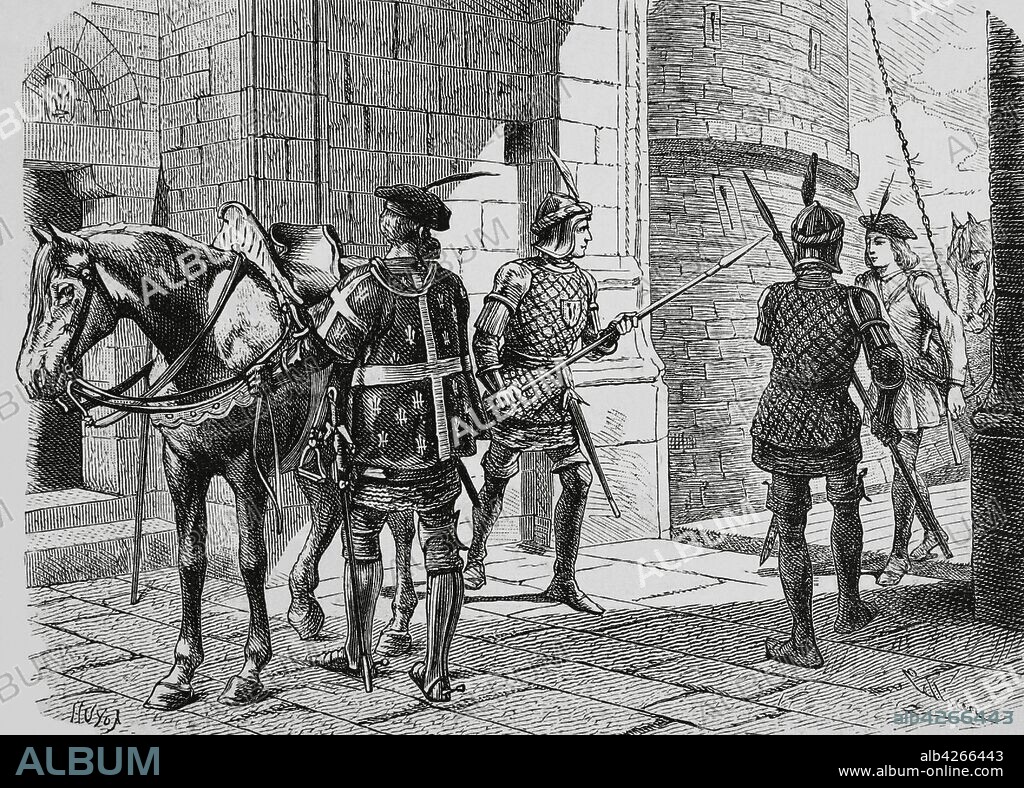 Walter Scott, first Baronet (1771-1832). Scottish novelist and poet. "... and when Quentin appeared, two sentinels crossed their pikes." Sample of an engraving belonging to a French edition of "Quentin Durward", with illustrations by Pellicer. Novel of adventure published in 1823 set in 15th century France, where the tittle character saves the life of King Louis XI (1423-1483), protects and fall in love with Countess Isabelle de Croye and wins Isabelle's hand in marriage. Engraving. La Ilustracion Espa–ola y Americana, 1881.