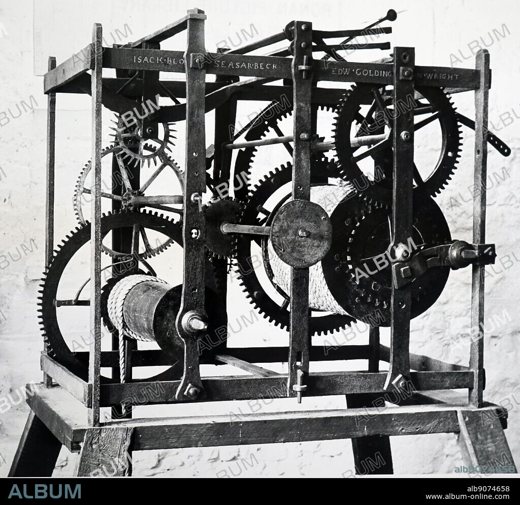 Illustration showing 17th century clock mechanism, from Waltham Abbey, Essex. On the left is the train of gears for keeping time and on the right those for operating the chimes. At the top left can be seen an anchor escapement of the type designed by Robert Hooke (1635 -1703) for use in pendulum clocks.