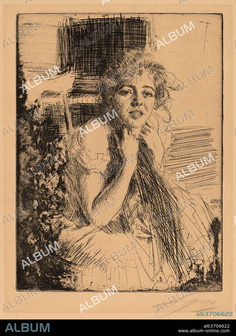 ANDERS ZORN. Emma Rasmussen. Dated: 1904. Dimensions: plate: 20.2 x 15.1 cm (7 15/16 x 5 15/16 in.)  sheet: 34.8 x 25.7 cm (13 11/16 x 10 1/8 in.). Medium: etching.