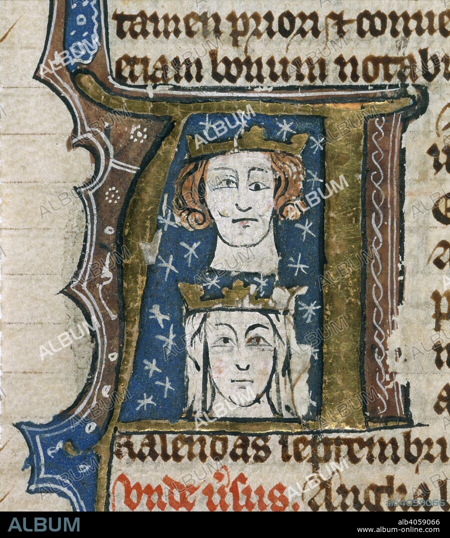 MATTHEW PARIS and ANONYMOUS MONK OF ROCHESTER. [Detail] Initial 'A', King Edward I and Queen Eleanor of Castile. Chronica Roffense [Flores Historiarum made at Rochester]. England (Rochester); early 14th century. Source: Cotton Nero D. II, f.179v. Language: Latin.