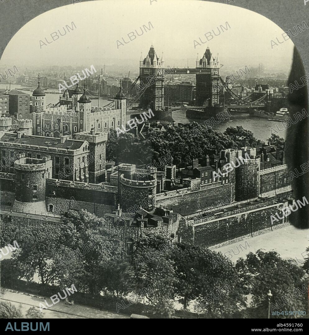 'The Tower of London and the Tower Bridge, London, England', c1930s. Tower Bridge built 1886-1894 and the Tower of London, used as a prison from 1100-1952 and a UNESCO World Heritage Site in Tower Hamlets on the River Thames. From "Tour of the World". [Keystone View Company, Meadville, Pa., New York, Chicago, London].