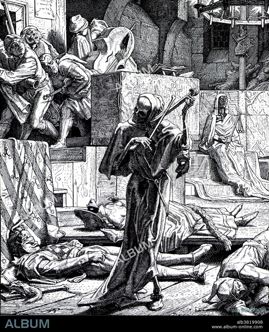 Entitled: "Death as a Cutthroat", engraving by Alfred Rethel. Rethel was inspired by an account that the celebrated poet Heinrich Heine had made of the sudden outbreak of cholera in the year 1832, at a masquerade during the carnival of Paris. Here, Death plays a kind of violin, while the musicians flee. Close to them stands an emaciated female silhouette, wrapped in a shroud: symbol of the disease. In the foreground, some people have already died of cholera. Second cholera pandemic (1829-1851) reached London and Paris in 1831. In London, the disease claimed 6,536 victims and came to be known as "King Cholera"; in Paris, 20,000 died (of a population of 650,000), and total deaths in France amounted to 100,000. The epidemic reached Quebec, Ontario and New York in the same year, and the Pacific coast of North America by 1834. In the center of the country, it spread through the cities linked by the rivers and steamboat traffic. Although much is known about the mechanisms behind the spread of cholera, this has not led to a full understanding of what makes cholera outbreaks happen some places and not others. Lack of treatment of human feces and lack of treatment of drinking water greatly facilitate its spread. Bodies of water have been found to serve as a reservoir, and seafood shipped long distances can spread the disease.