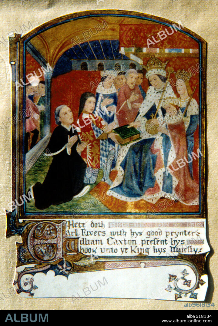William Caxton, English printer, presenting a book to King Edward IV, 1477. Caxton (c1422-1491) presenting the king with what is considered to be the first book printed in England, Dictes or Sayeings of the Philosophres, 1477.
