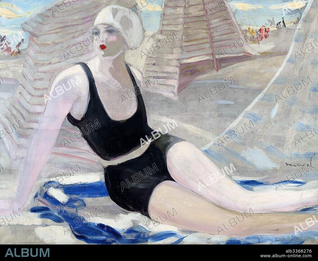 JACQUELINE MARVAL. Bather in black swimming suit.